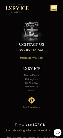 LXRY Ice Collection contact page shown on a mobile phone