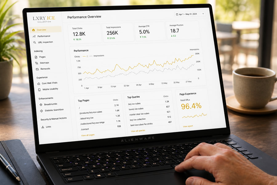 SEO and website marketing analytics dashboard on a laptop