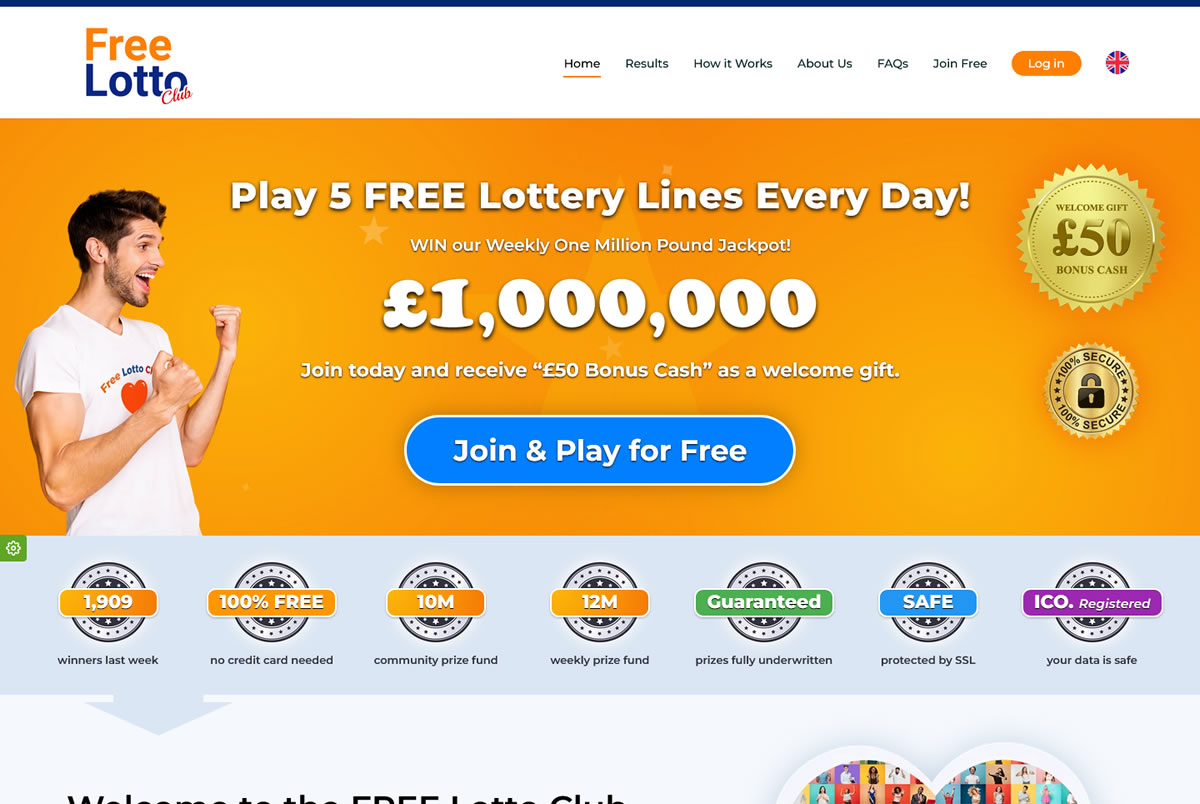 Free Lotto Club homepage shown on a desktop monitor