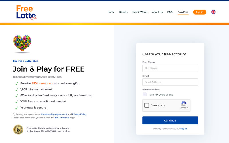 Free Lotto Club member area shown on a laptop