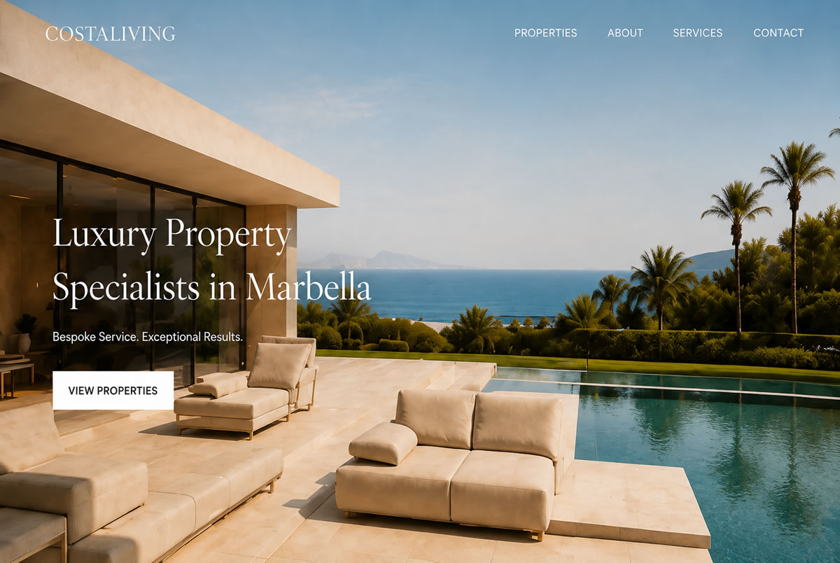 Sample homepage for a Marbella property site shown on a desktop monitor