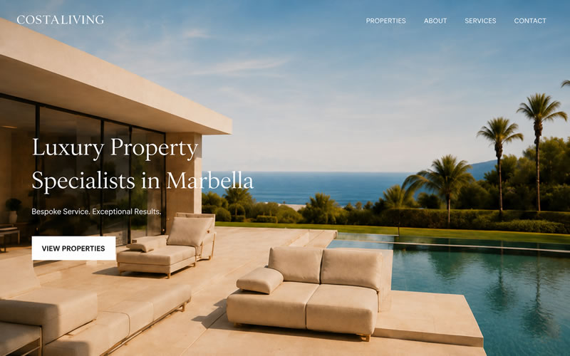 Sample homepage for a Marbella property site shown on a laptop