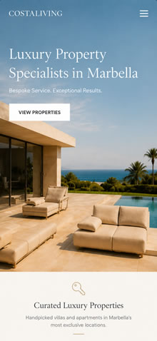 Sample homepage for a Marbella property site shown on a mobile phone