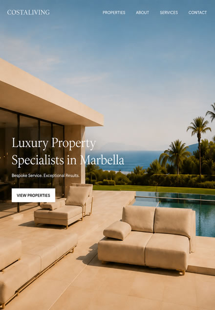 Sample homepage for a Marbella property site shown on a tablet